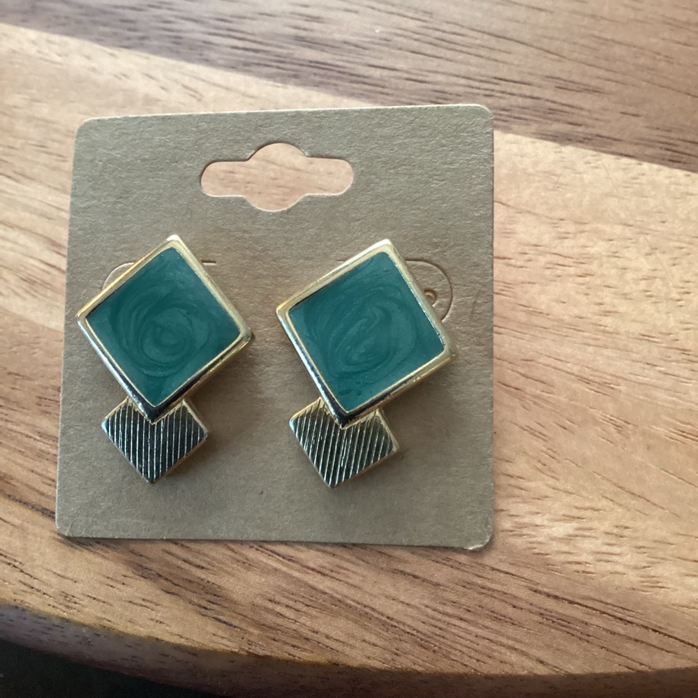 VTG Trifari pierced earings with swirling teal green enamel